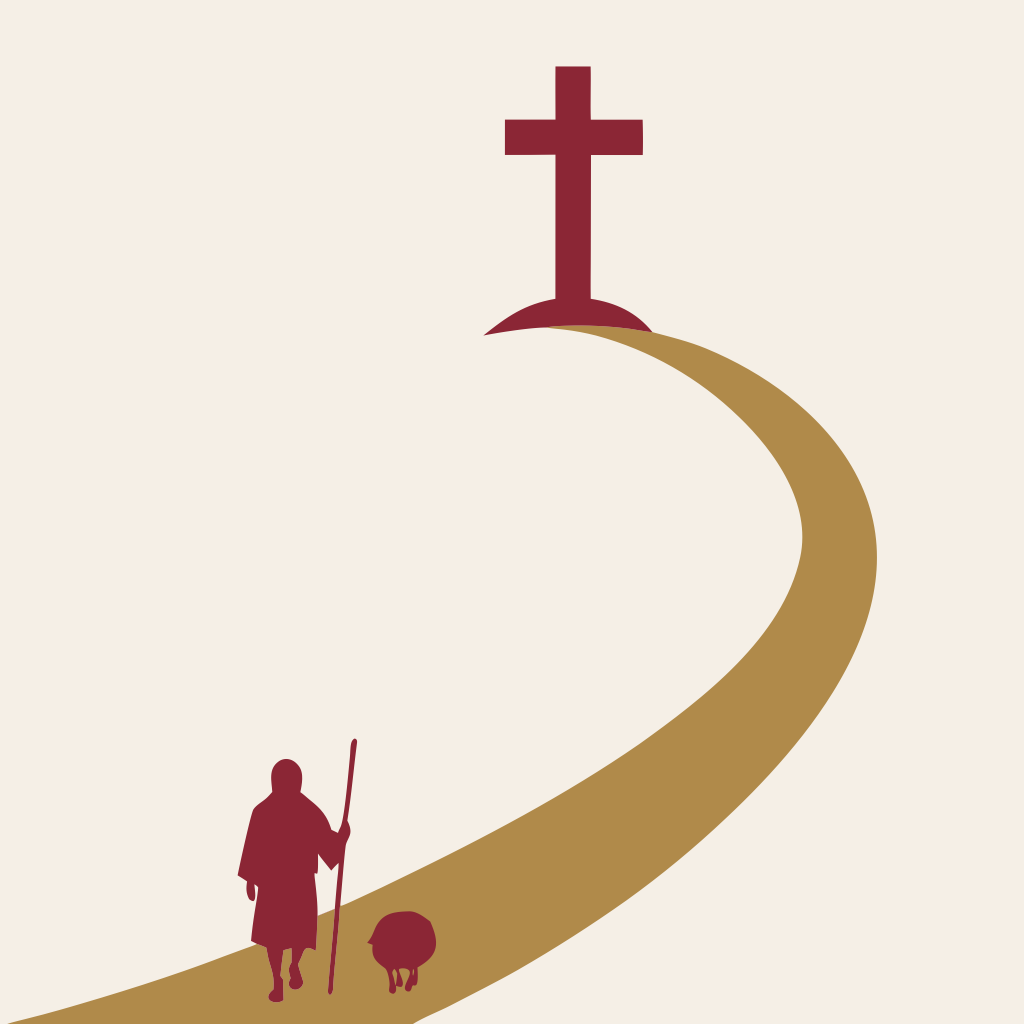 A shepherd and one sheep walking a path toward a cross on the crest