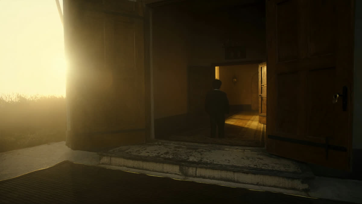 The open doors of a small country church at dawn with a stone path leading in