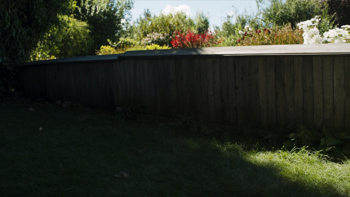 A weathered garden fence with a plain yard in front and a sunlit garden beyond it