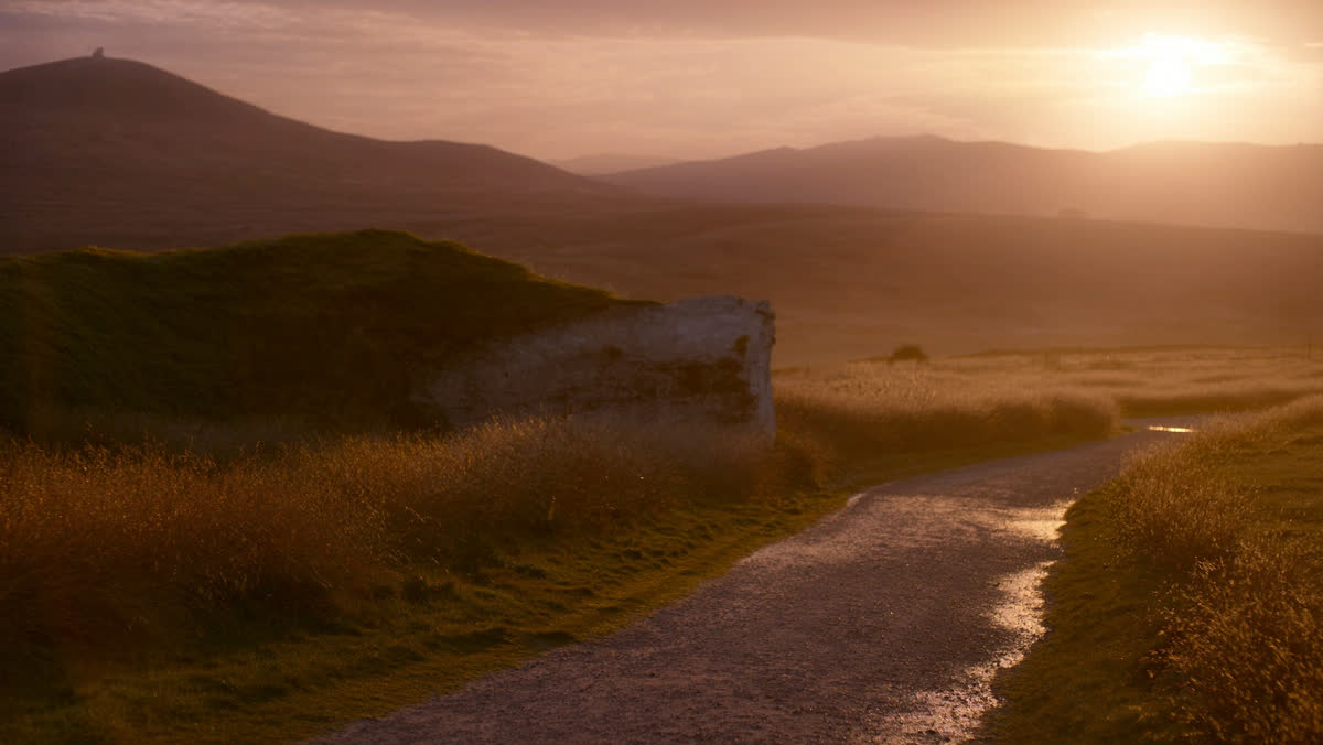 A narrow dirt path winding through open countryside at sunrise