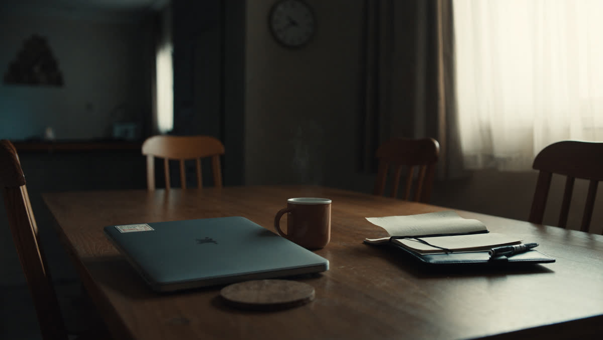 A closed laptop beside a cooling mug of coffee on a kitchen table in morning light