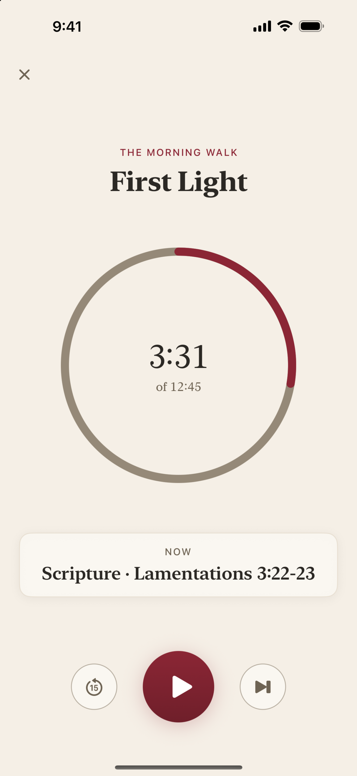 The First Light guided walk in the app, with Scripture and simple playback controls